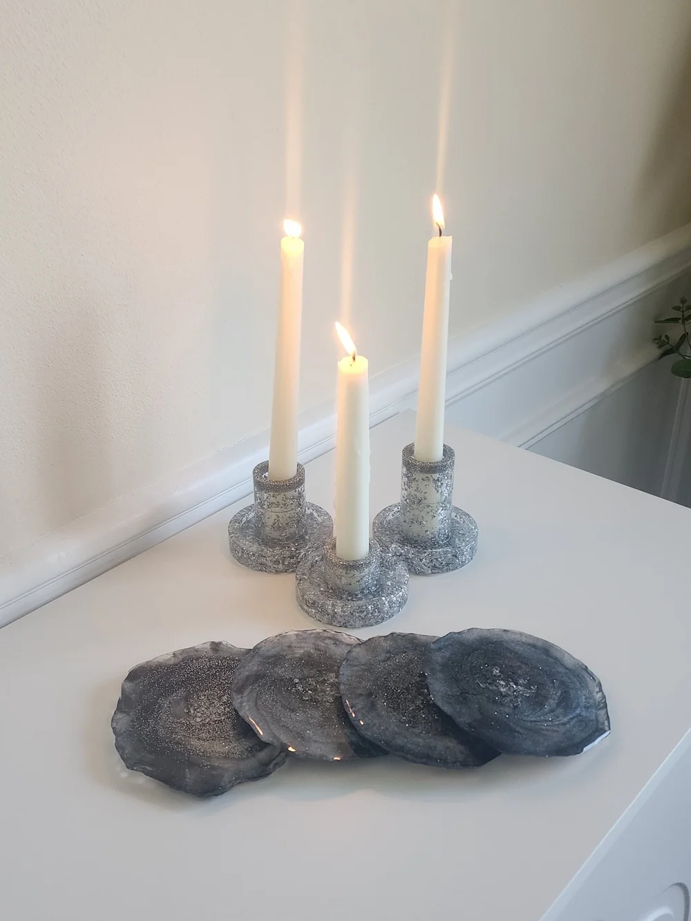 Handcrafted Gray Agate Coasters and Candle Holders with Silver Glitter Accent